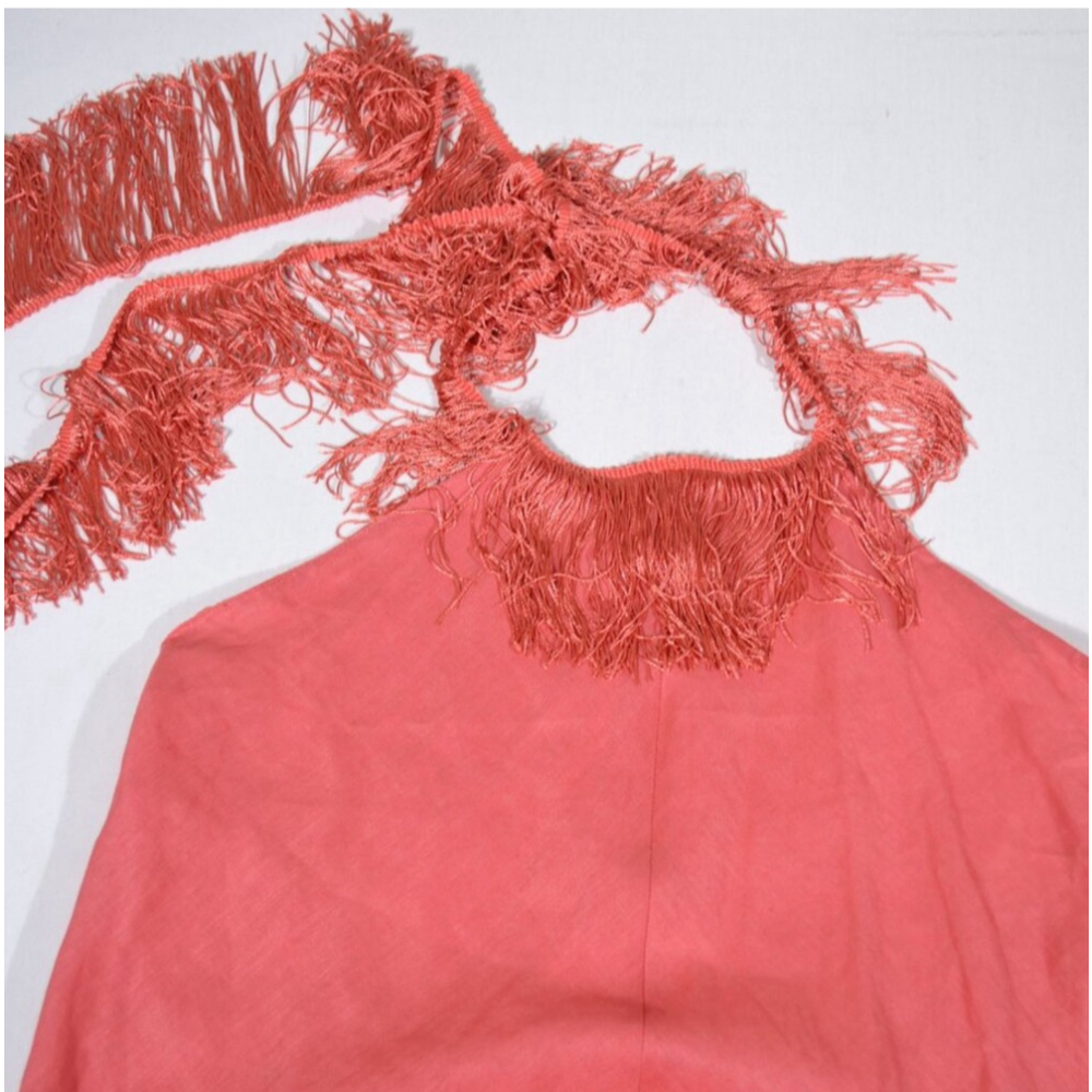 Zara Limited Edition Coral FringeLinen Halter Maxi Dress Size XS - Picture 9 of 11